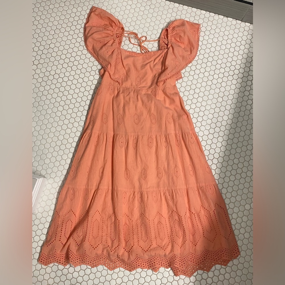 Caslon Orange Eyelet Midi Dress Flutter sleeves 100% cotton